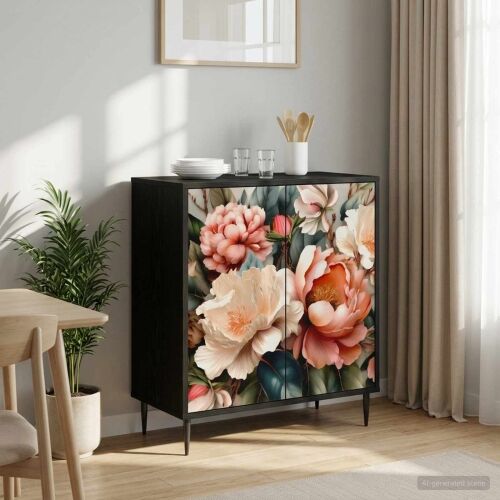 Kreveta BORNE Crni hrast 69 x 33 x 76 cm Konstruirano drvo - Print lagane peonije Cijena