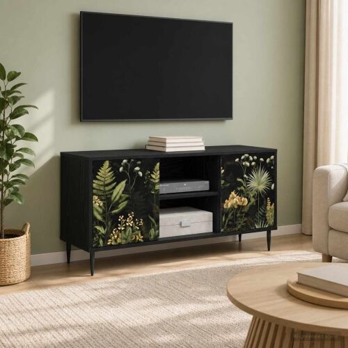 TV ormar RHENEN 102 x 33 x 51 cm Crni hrast Konstruirano drvo - Tropski uzorak džungle Cijena