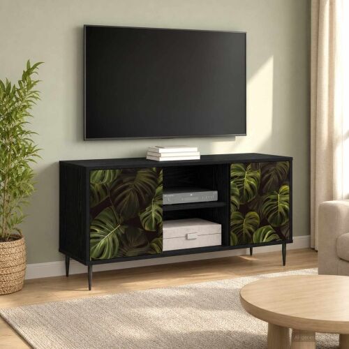 TV ormar ELBURG 102 x 33 x 51 cm Crni hrast Konstruirano drvo - Print od palminih listova Cijena