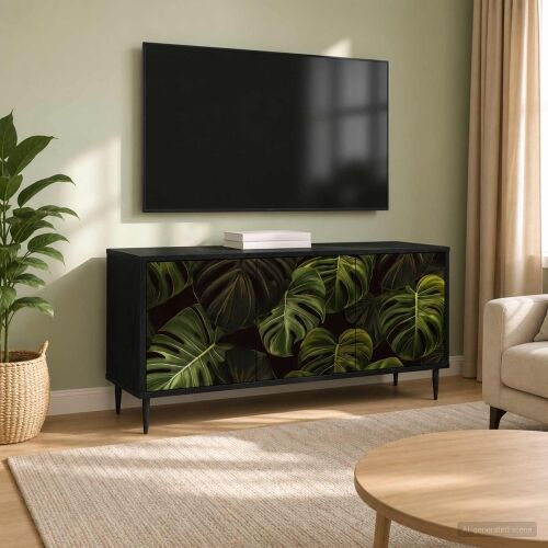 TV ormar ELBURG 102 x 33 x 51 cm Crni hrast Konstruirano drvo - Print od palminih listova Cijena