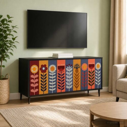 TV ormar ESSEN 102 x 33 x 51 cm Crni hrast Konstruirano drvo - Uzorak suncokreta Cijena