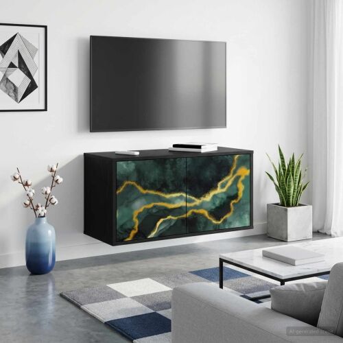 TV ormar za montažu na zid WIJHE 69 x 33 x 40 cm Crni hrast - Crni hrast Tirkizni mramorni uzorak Cijena