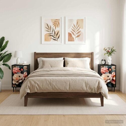 Noćni ormar BORNE 2 kom. Crni hrast 36 x 33 x 61 cm - Print lagane peonije 2 Cijena