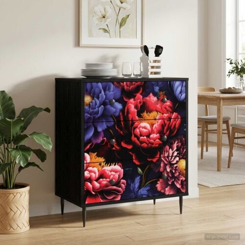 Komoda KIEL Tamni cvjetni uzorak 66 x 36,5 x 76 cm Crni hrast - Tamni cvjetni uzorak Cijena