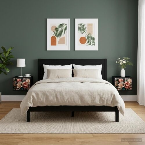 Wall-mounted noćni ormarić BORNE 2 kom. Crni hrast - Crni hrast Print lagane peonije 2 Cijena