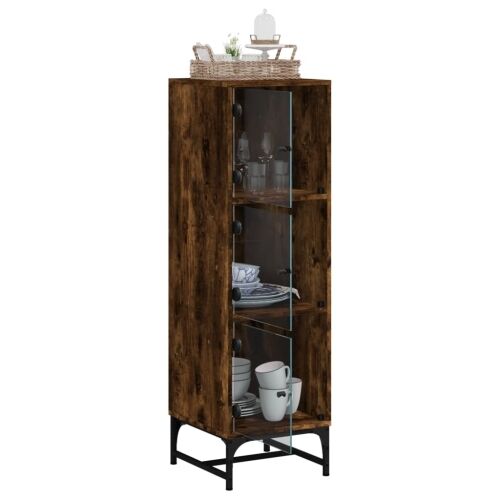 Visoka komoda sa staklenim vratima boja hrasta 35 x 37 x 120 cm - Dimljeni hrast Cijena