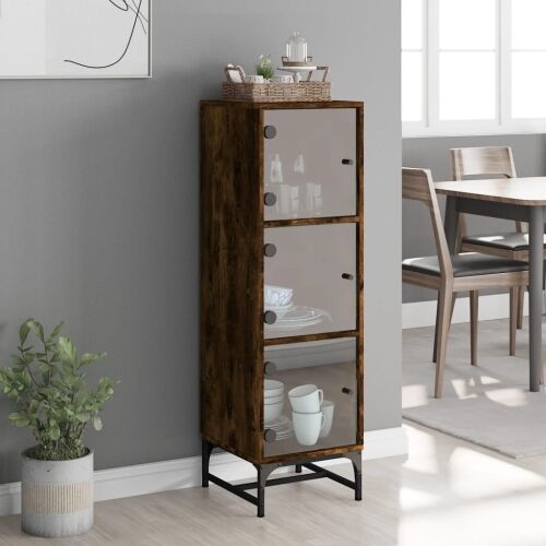 Visoka komoda sa staklenim vratima boja hrasta 35 x 37 x 120 cm - Dimljeni hrast Cijena