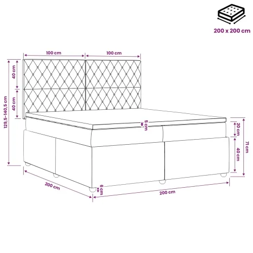 LED okvir za krevet s madracem Crna 200 x 200 cm Baršun - Crna 200 x 200 cm Kristal s dugmadima Cijena