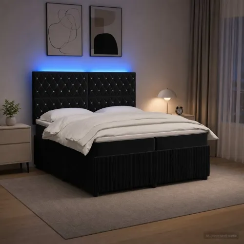 LED okvir za krevet s madracem Crna 200 x 200 cm Baršun - Crna 200 x 200 cm Kristal s dugmadima Cijena