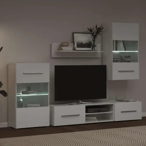 Petodijelni zidni set TV ormarića s LED rasvjetom bijeli - Bijela 1 Cijena