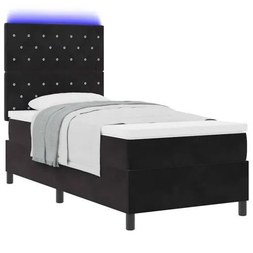LED Box Spring Krevet s madracem Crna 90 x 200 cm Baršun - Crna 90 x 200 cm Kristal s dugmadima Cijena