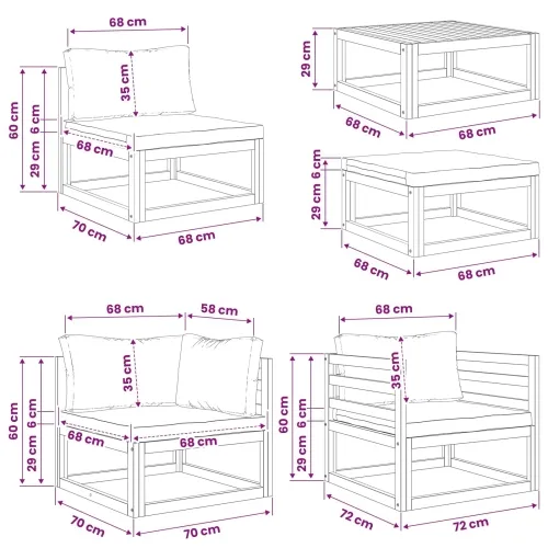 Set sofe 5 kom. Prirodna Čvrsto drvo akacije - Bež kutna + 2x srednja + tabure + stol Cijena