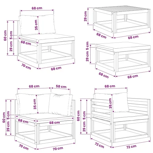 Set sofe 7 kom. Prirodna Čvrsto drvo akacije - Bež 2x kutna + 2x srednja + fotelja + tabure + stol Cijena