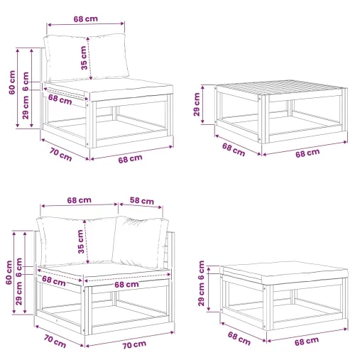 Set sofe 4 kom. Prirodna Čvrsto drvo akacije - Bež 2x srednja + tabure + stol Cijena