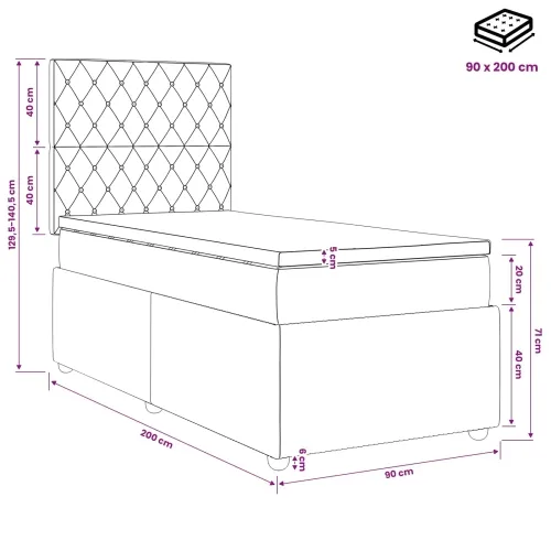 LED okvir za krevet s madracem Crna 90 x 200 cm Baršun - Crna 90 x 200 cm Kristal s dugmadima Cijena