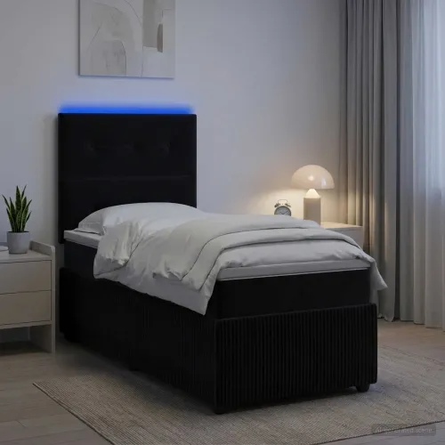 LED okvir za krevet s madracem Crna 90 x 200 cm Baršun - Crna 90 x 200 cm Prošiveno gumbima Cijena