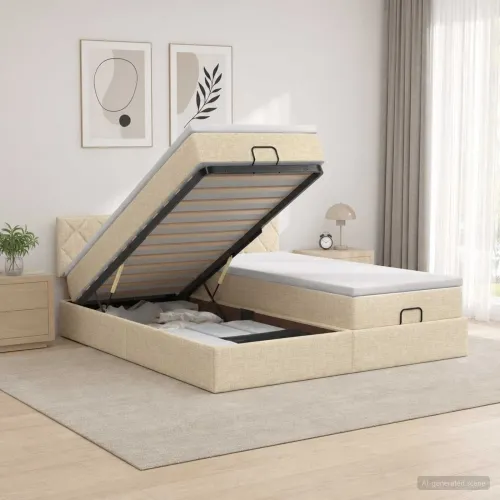 Krevet od pjene s madracem i LED-om Krem 200 x 200 cm Tkanina - Krem 200 x 200 cm Dizajn s rombovima Cijena