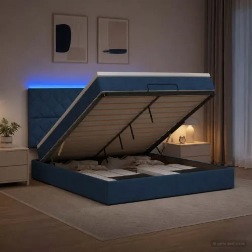 Krevet od pjene s madracem i LED-om Plava 180 x 200 cm Tkanina - Plava 180 x 200 cm Dizajn s rombovima Cijena