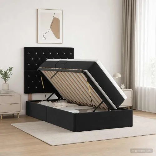Krevet s madracem i skladištem Crna 90 x 200 cm Baršun - Crna 90 x 200 cm Kristal s dugmadima Cijena