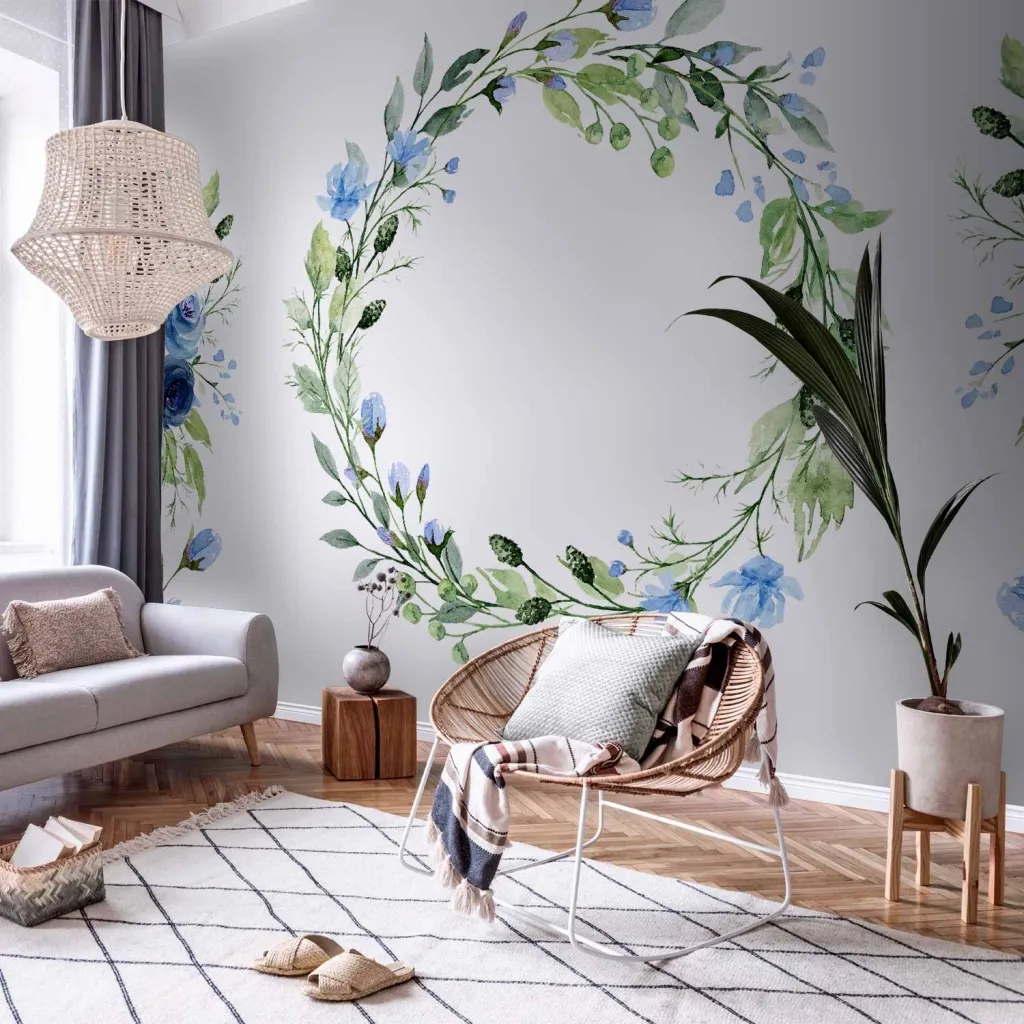 Foto tapeta - Romantic wreath - plant motif with blue flowers and leaves 100x70 Standard