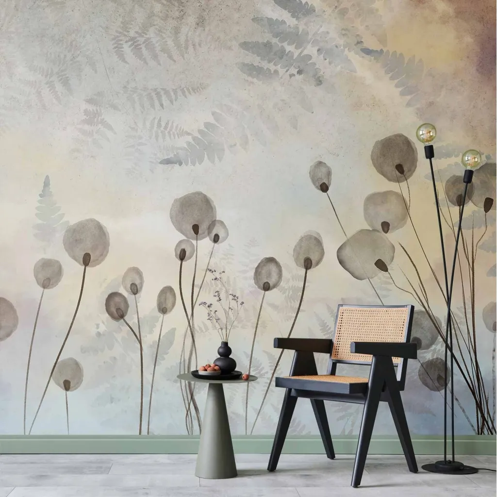 Foto tapeta - Minimalist meadow - floral motif in light shades with reflections 100x70 Standard