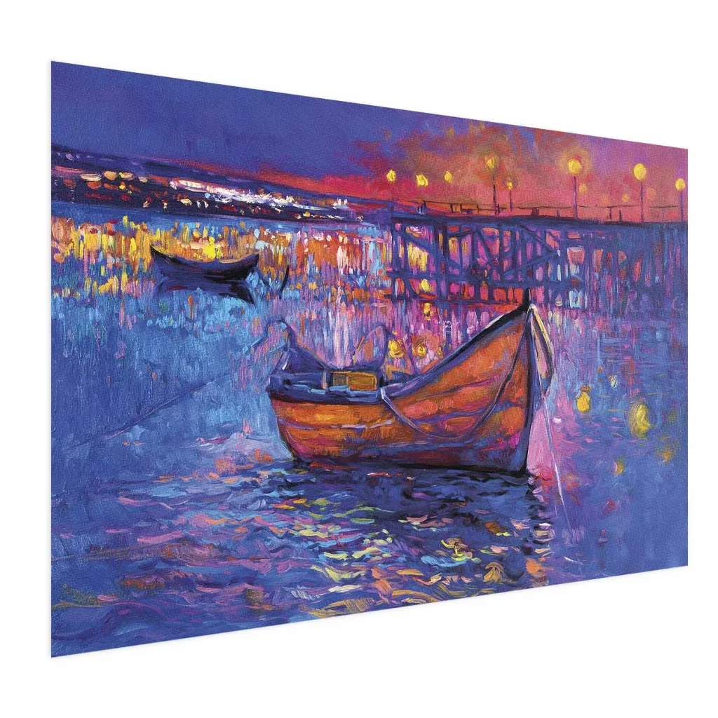 Plakat - Modern impressionism - night landscape of a lake with a floating boat 30x21 Bez okvira
