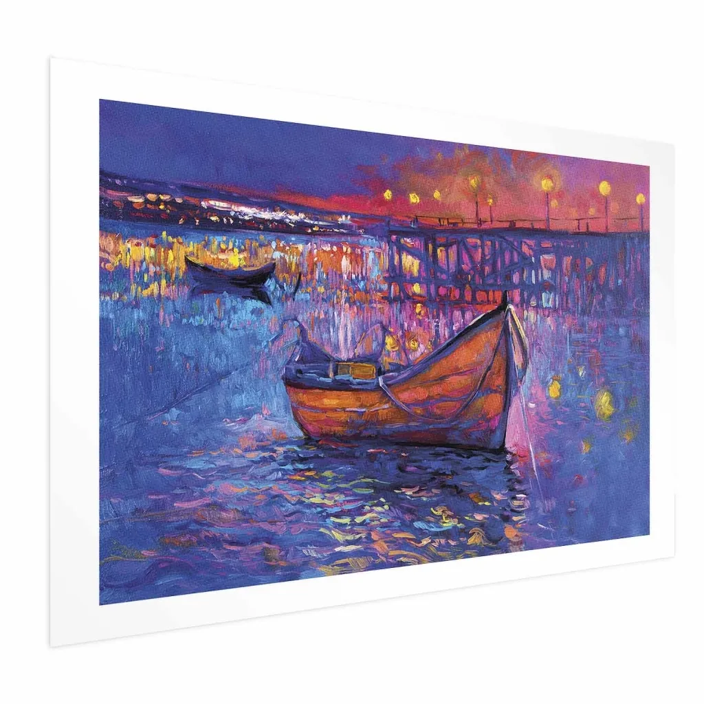 Plakat - Modern impressionism - night landscape of a lake with a floating boat 30x21 Bez okvira s margom