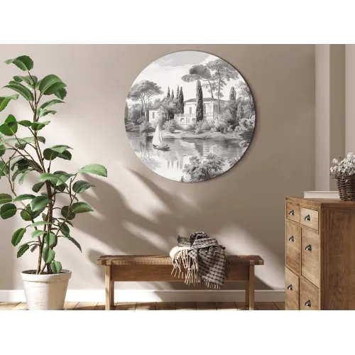 Okrugla slika - Black and white vintage landscape with a pond 80x80 Cijena