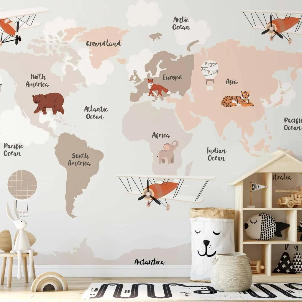Foto tapeta - Map in Shades of Beige - Continents With Animals 100x70 Standard