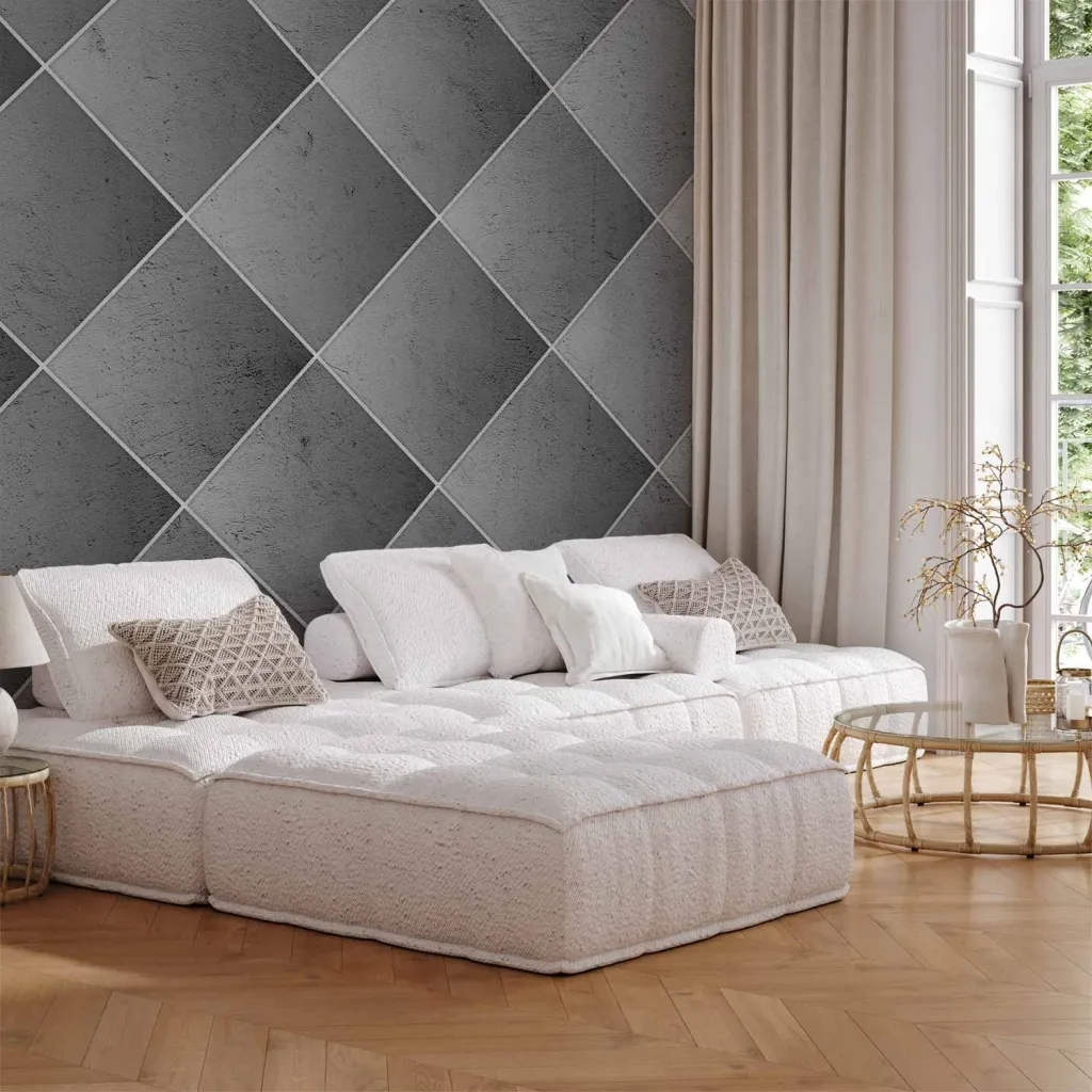 Foto tapeta - Grey symmetry - geometric concrete pattern with white joints 100x70 Standard