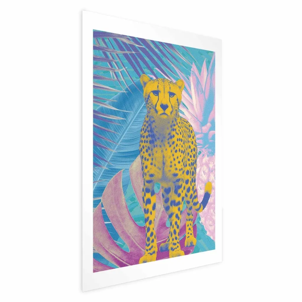 Plakat - Exotic Leopard - colorful portrait of a cheetah against tropical leaves 21x30 Bez okvira