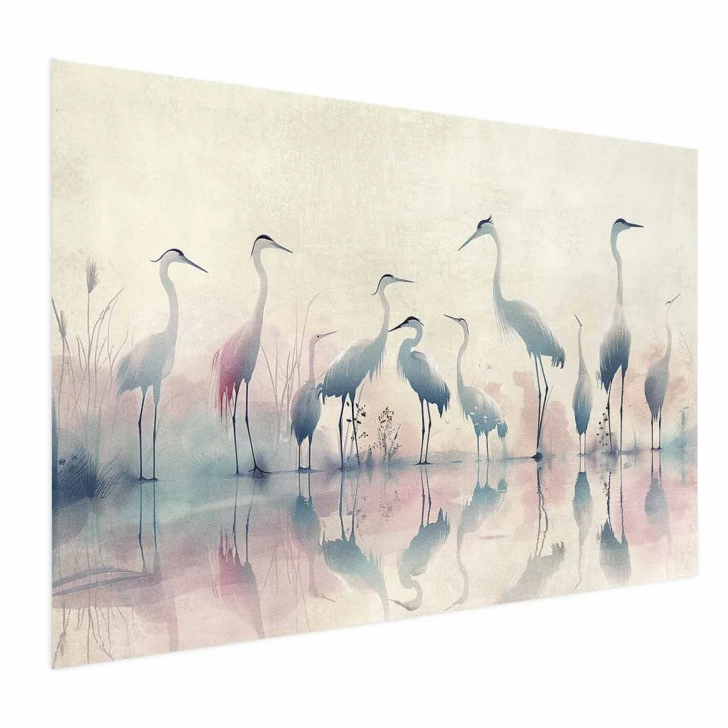 Plakat - Birds by the Lake - herons painted in watercolor in a delicate gray-pink palette 30x21 Bez okvira