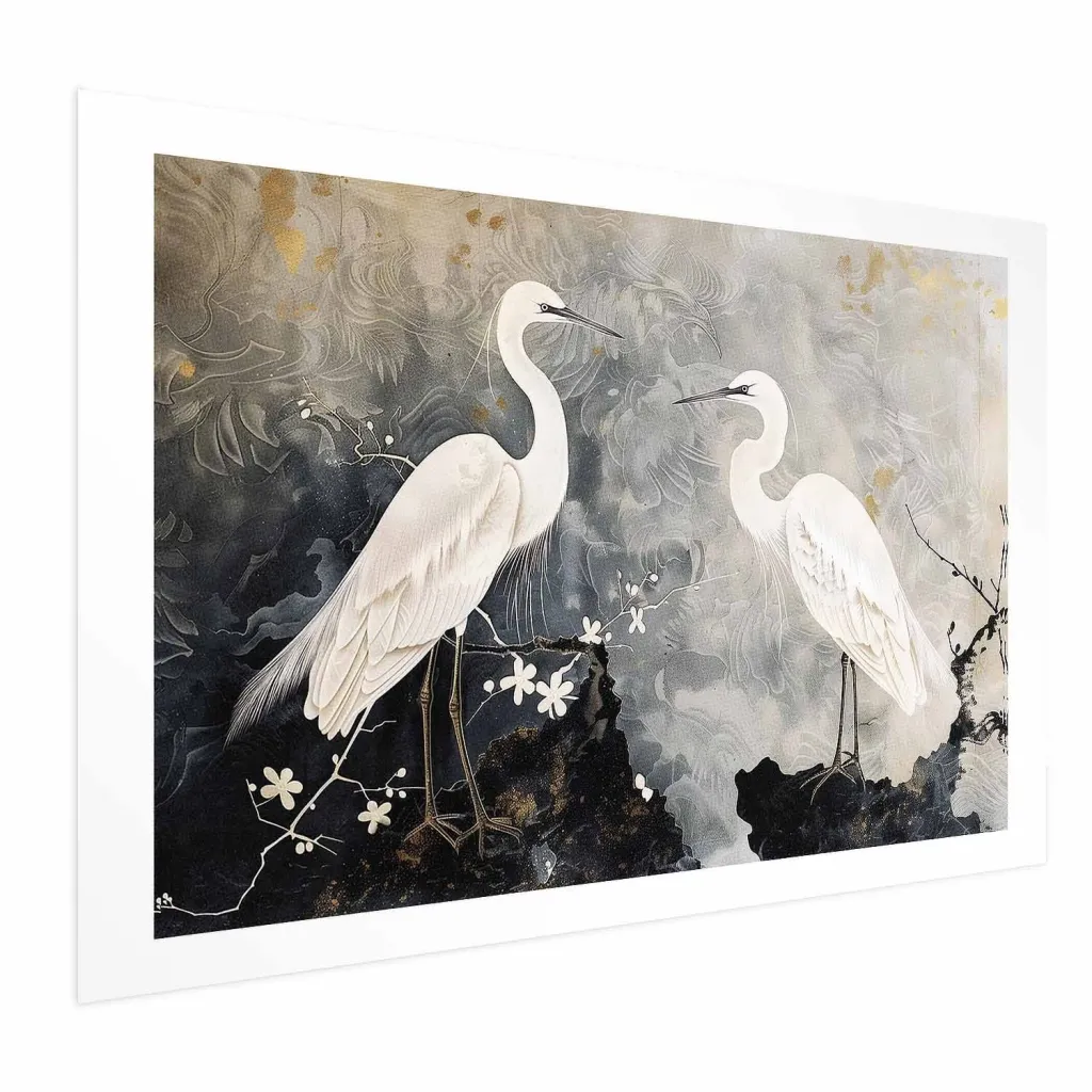 Plakat - Herons and Cherry Blossom - oriental-style illustration depicting birds 30x21 Bez okvira s margom