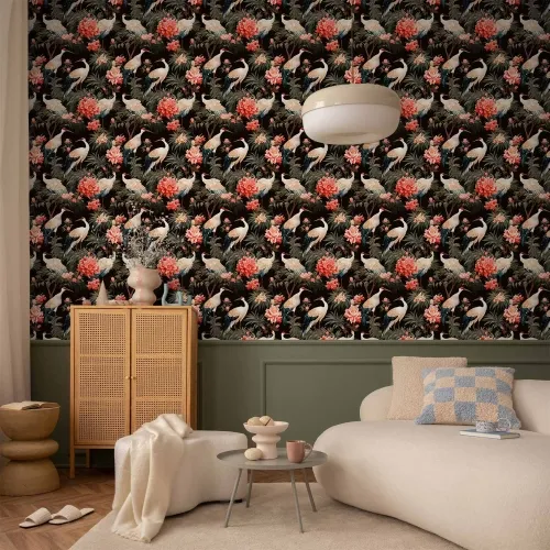 Tapeta - Ornament with birds - silhouettes of cranes and peony flowers on a dark background 50x1000 Standard Cijena