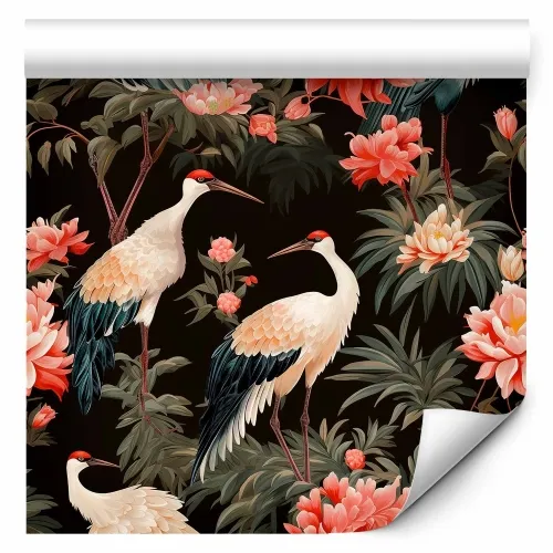 Tapeta - Ornament with birds - silhouettes of cranes and peony flowers on a dark background 49x1000 Samoljepljiva Cijena