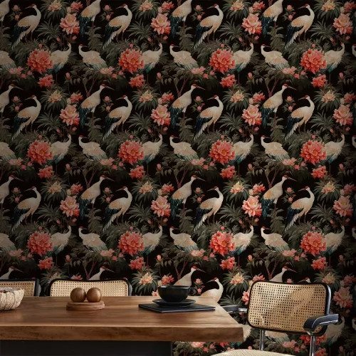 Tapeta - Ornament with birds - silhouettes of cranes and peony flowers on a dark background 50x1000 Vodootporna Cijena