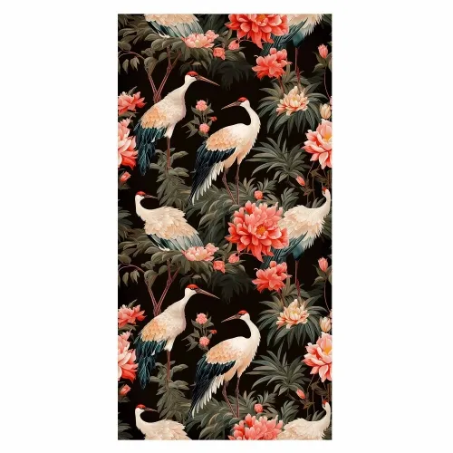 Tapeta - Ornament with birds - silhouettes of cranes and peony flowers on a dark background 50x1000 Vodootporna Cijena