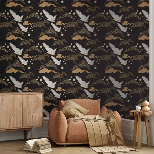 Tapeta - Oriental impressions - decorative pattern with a motif of flying cranes on a dark background 50x1000 Standard Cijena