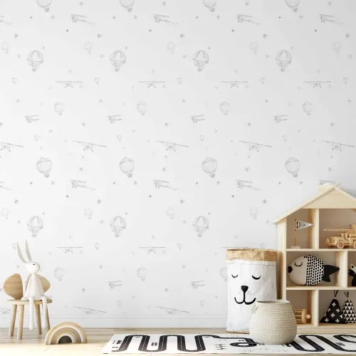 Tapeta - Watercolor - Airplanes and balloons painted on a white sky background. 50x1000 Premium Cijena