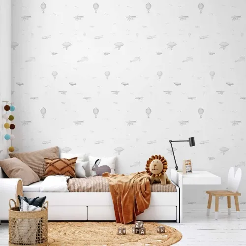 Tapeta - Drawing - Airplanes - balloons - and airships against a sky full of birds. 50x1000 Vodootporna Cijena