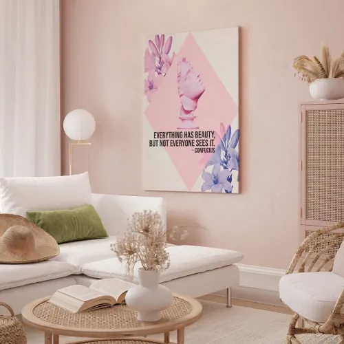 Slika - Beauty in the Eyes - Inspirational Quote with Pink Bust and Flowers 60x90 Na talijanskom platnu Cijena