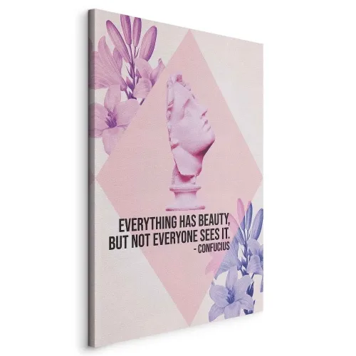 Slika - Beauty in the Eyes - Inspirational Quote with Pink Bust and Flowers 80x120 Na talijanskom platnu Cijena