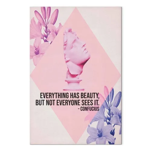 Slika - Beauty in the Eyes - Inspirational Quote with Pink Bust and Flowers 40x60 Akustična Cijena