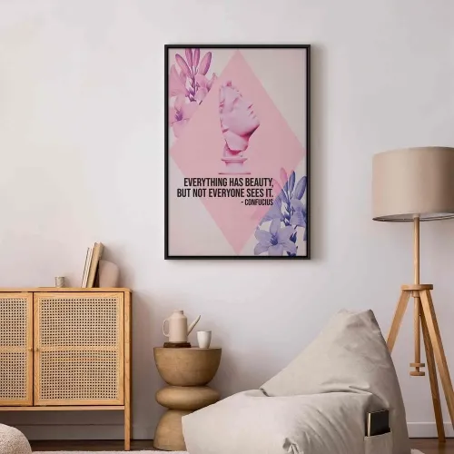 Slika - Beauty in the Eyes - Inspirational Quote with Pink Bust and Flowers 80x120 U crnom drvenom okviru Cijena