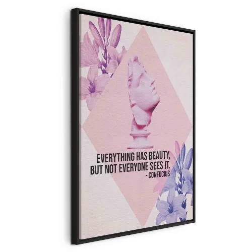Slika - Beauty in the Eyes - Inspirational Quote with Pink Bust and Flowers 80x120 U crnom drvenom okviru Cijena