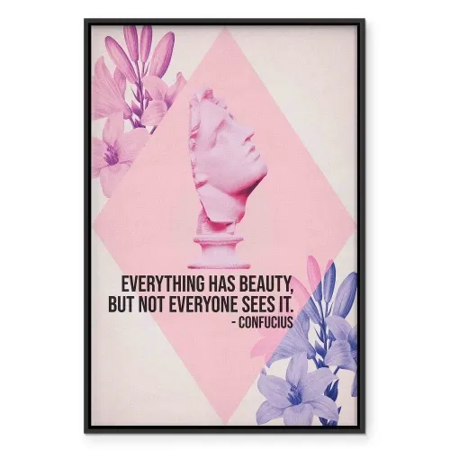 Slika - Beauty in the Eyes - Inspirational Quote with Pink Bust and Flowers 80x120 U crnom drvenom okviru Cijena