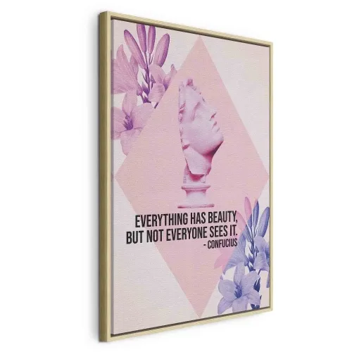Slika - Beauty in the Eyes - Inspirational Quote with Pink Bust and Flowers 60x90 U prirodnom drvenom okviru Cijena