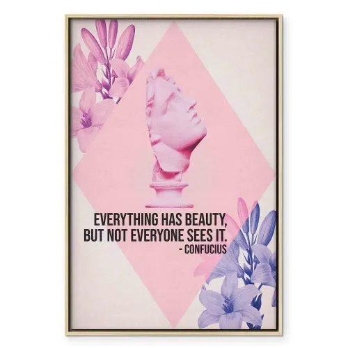 Slika - Beauty in the Eyes - Inspirational Quote with Pink Bust and Flowers 60x90 U prirodnom drvenom okviru Cijena