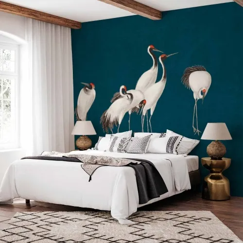 Foto tapeta - Evening by the pond - a group of cranes drawn in dry pastel on a dark turquoise background 500x350 Standard Cijena