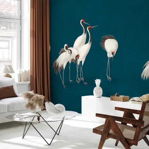 Foto tapeta - Evening by the pond - a group of cranes drawn in dry pastel on a dark turquoise background 500x350 Premium Cijena